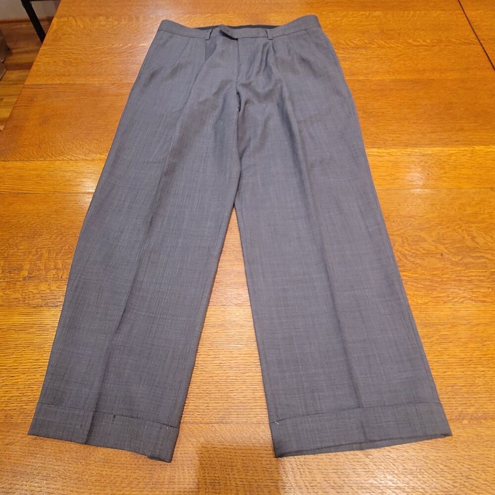 Paul Fredrick Dress Pants Mens 34  100% Wool Gray  Pleated Cuffed Spot Stained